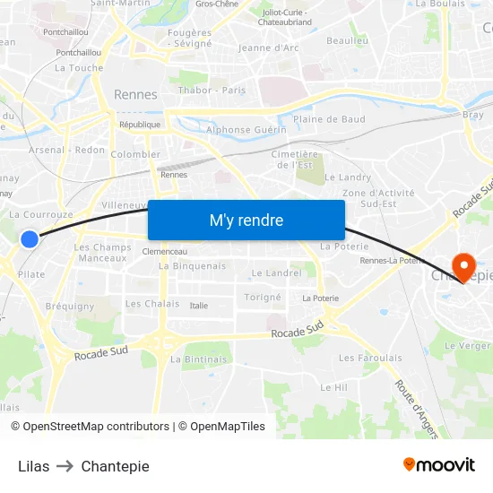 Lilas to Chantepie map