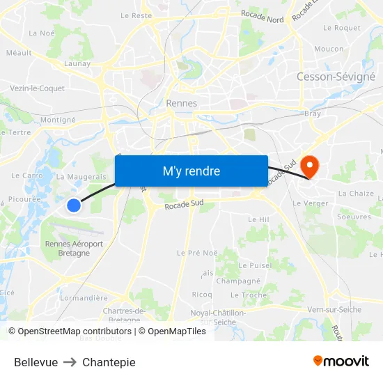 Bellevue to Chantepie map