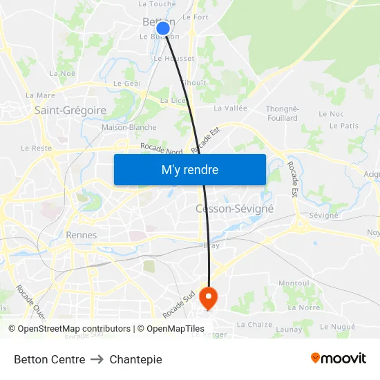 Betton Centre to Chantepie map