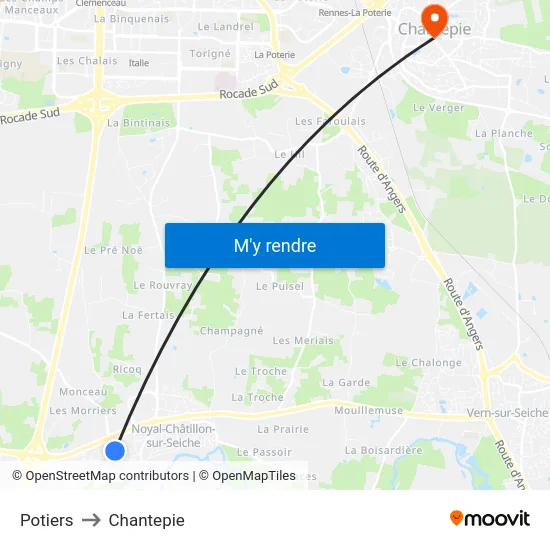 Potiers to Chantepie map