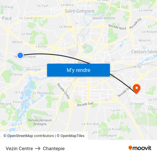 Vezin Centre to Chantepie map