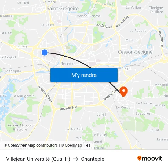 Villejean-Université (Quai H) to Chantepie map