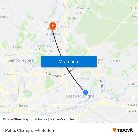 Petits Champs to Betton map