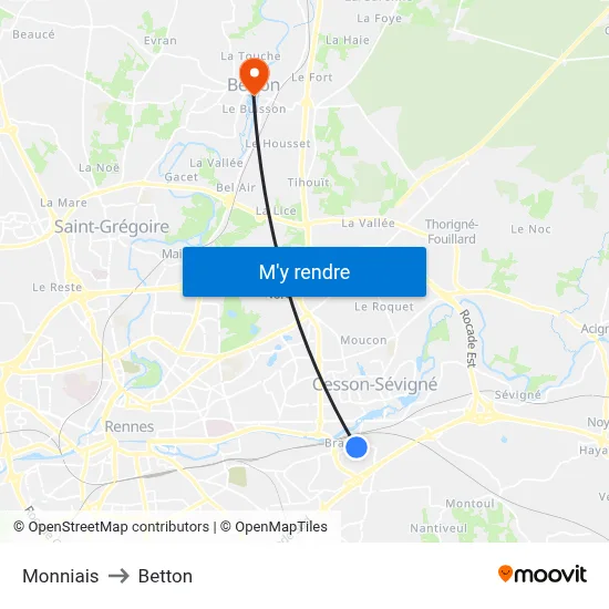 Monniais to Betton map