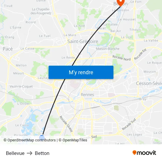 Bellevue to Betton map