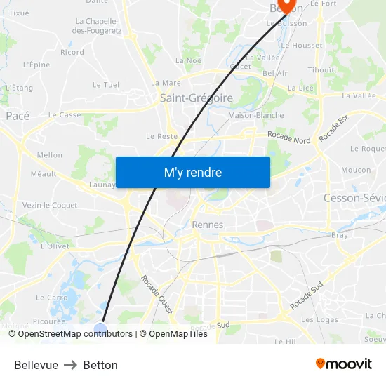 Bellevue to Betton map