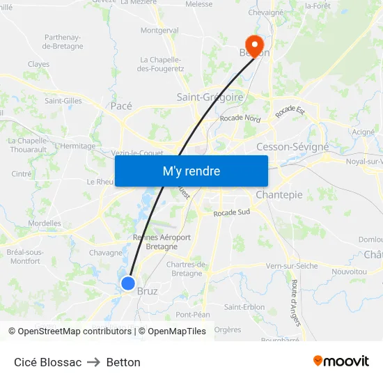 Cicé Blossac to Betton map