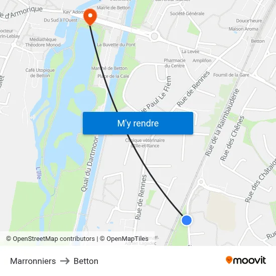 Marronniers to Betton map