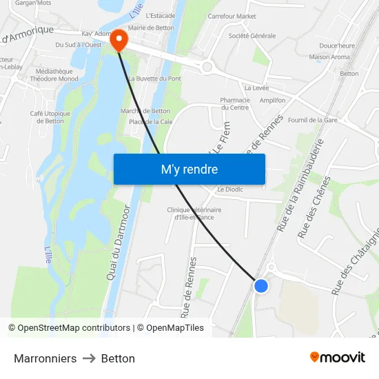 Marronniers to Betton map