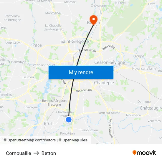 Cornouaille to Betton map
