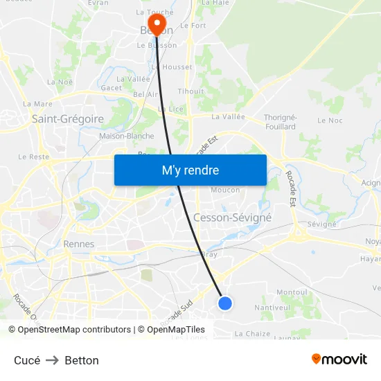 Cucé to Betton map