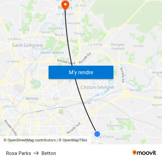 Rosa Parks to Betton map