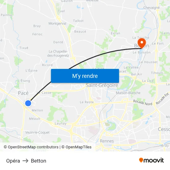 Opéra to Betton map