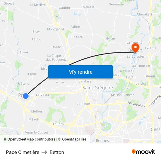 Pacé Cimetière to Betton map