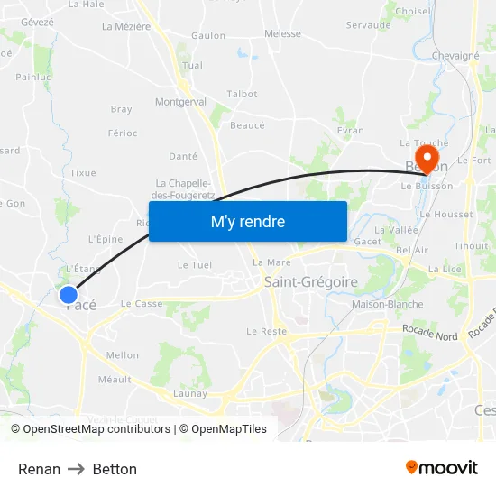 Renan to Betton map