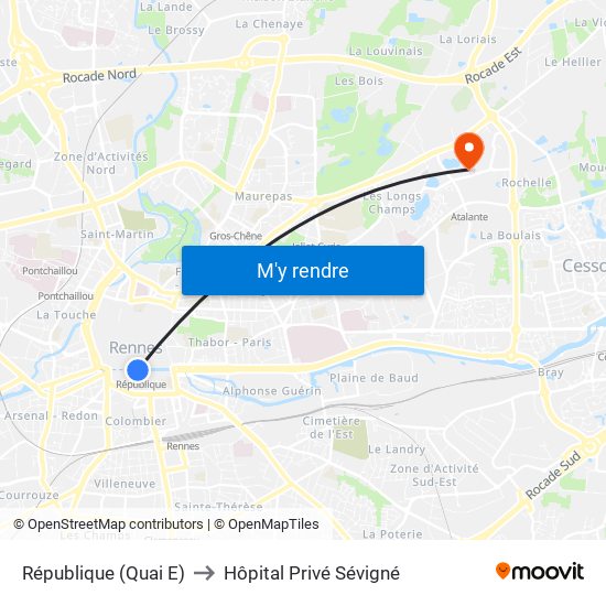 République (Quai E) to Hôpital Privé Sévigné map
