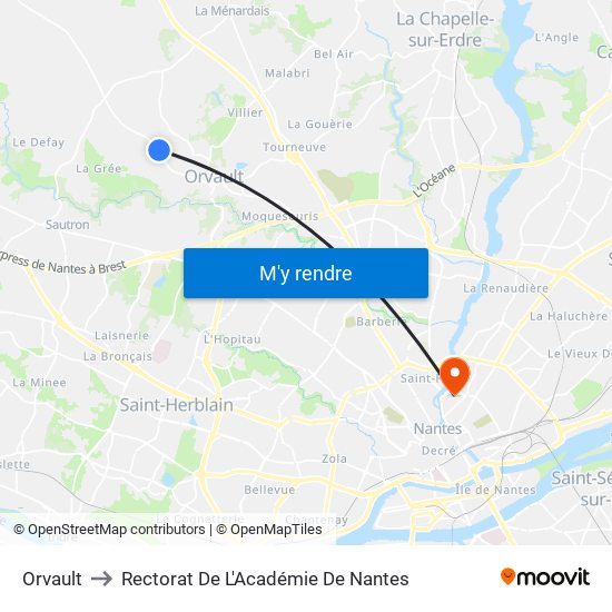 Orvault to Rectorat De L'Académie De Nantes map