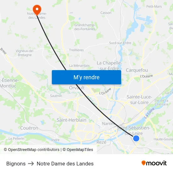 Bignons to Notre Dame des Landes map