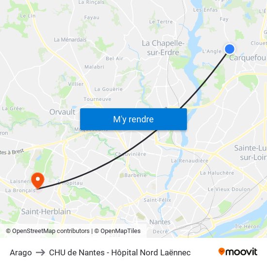 Arago to CHU de Nantes - Hôpital Nord Laënnec map