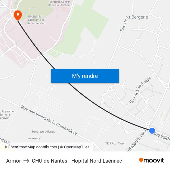 Armor to CHU de Nantes - Hôpital Nord Laënnec map