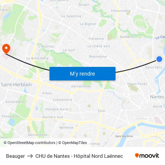 Beauger to CHU de Nantes - Hôpital Nord Laënnec map