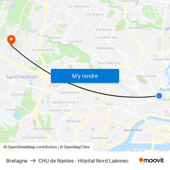 Bretagne to CHU de Nantes - Hôpital Nord Laënnec map