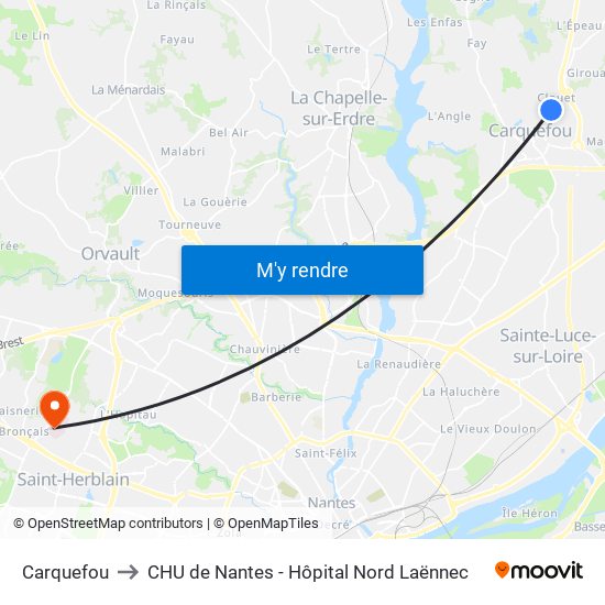 Carquefou to CHU de Nantes - Hôpital Nord Laënnec map