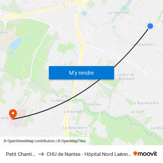 Petit Chantilly to CHU de Nantes - Hôpital Nord Laënnec map