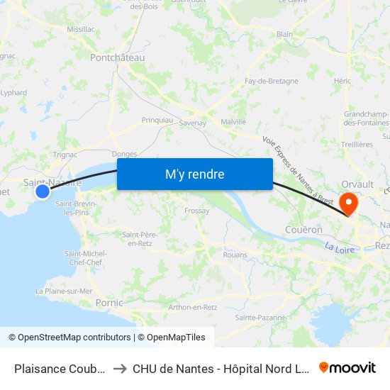 Plaisance Coubertin to CHU de Nantes - Hôpital Nord Laënnec map