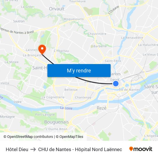 Hôtel Dieu to CHU de Nantes - Hôpital Nord Laënnec map