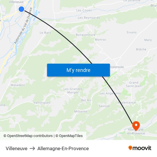 Villeneuve to Allemagne-En-Provence map
