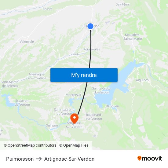 Puimoisson to Artignosc-Sur-Verdon map