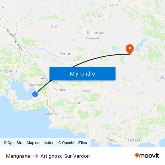Marignane to Artignosc-Sur-Verdon map