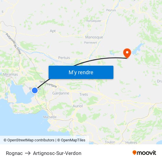 Rognac to Artignosc-Sur-Verdon map