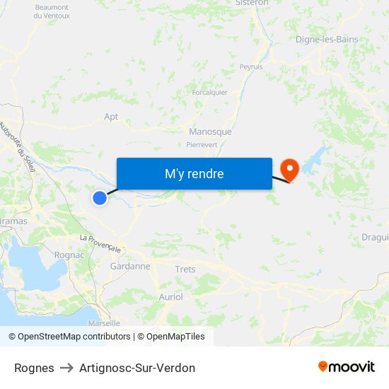 Rognes to Artignosc-Sur-Verdon map