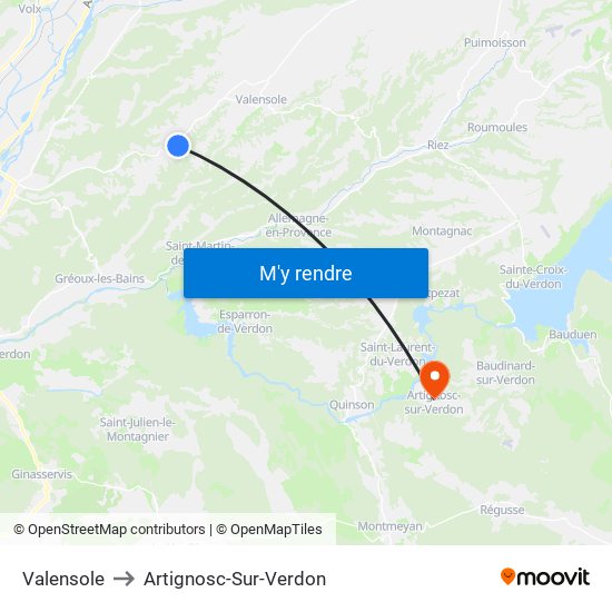 Valensole to Artignosc-Sur-Verdon map