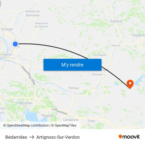 Bédarrides to Artignosc-Sur-Verdon map