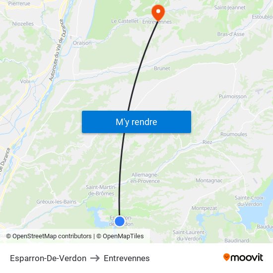 Esparron-De-Verdon to Entrevennes map