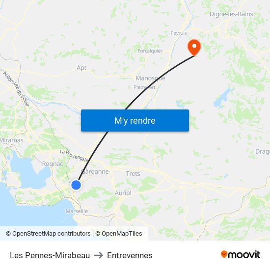 Les Pennes-Mirabeau to Entrevennes map