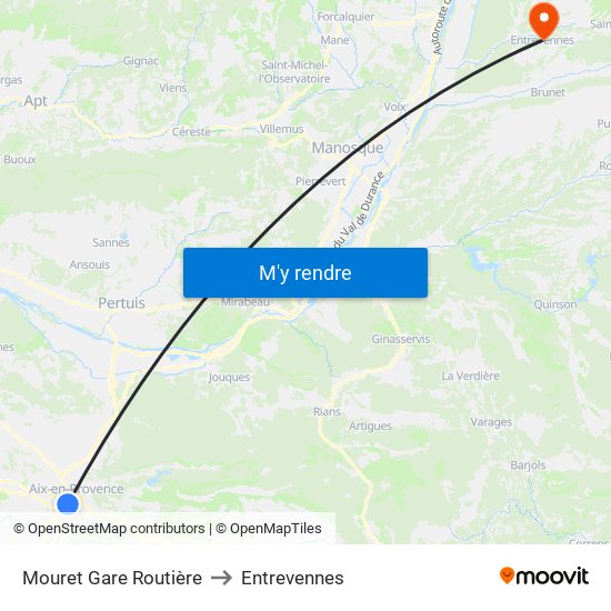 Mouret Gare Routière to Entrevennes map