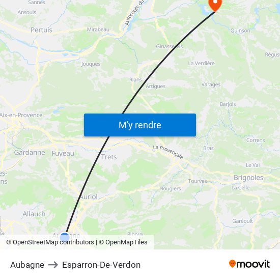 Aubagne to Esparron-De-Verdon map