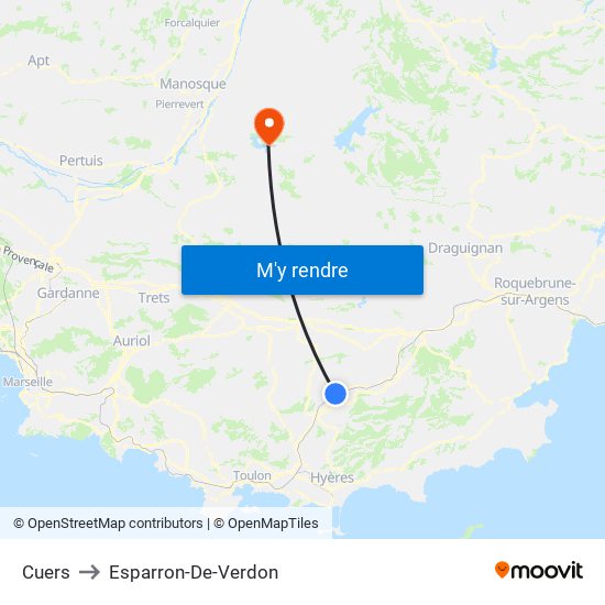 Cuers to Esparron-De-Verdon map