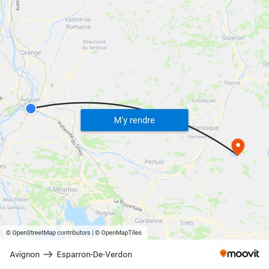 Avignon to Esparron-De-Verdon map