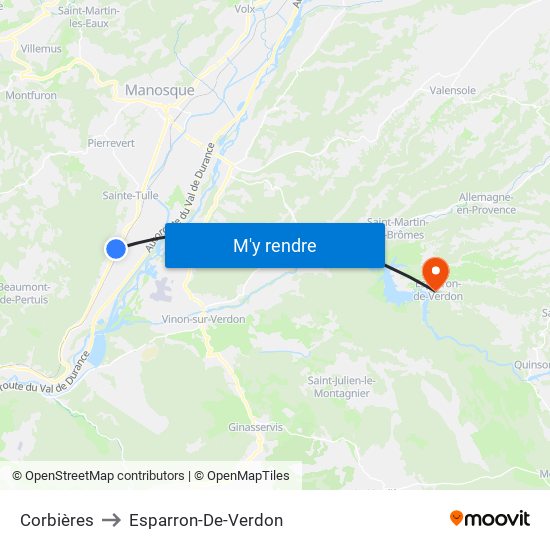 Corbières to Esparron-De-Verdon map