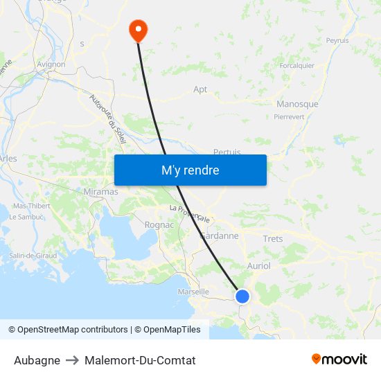Aubagne to Malemort-Du-Comtat map