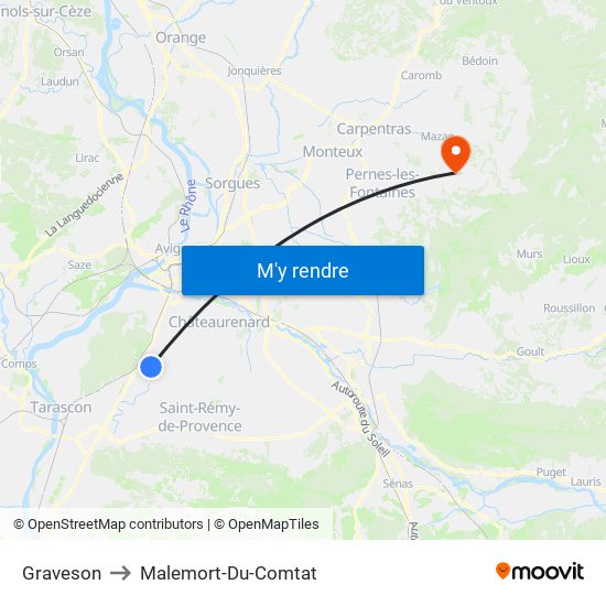Graveson to Malemort-Du-Comtat map