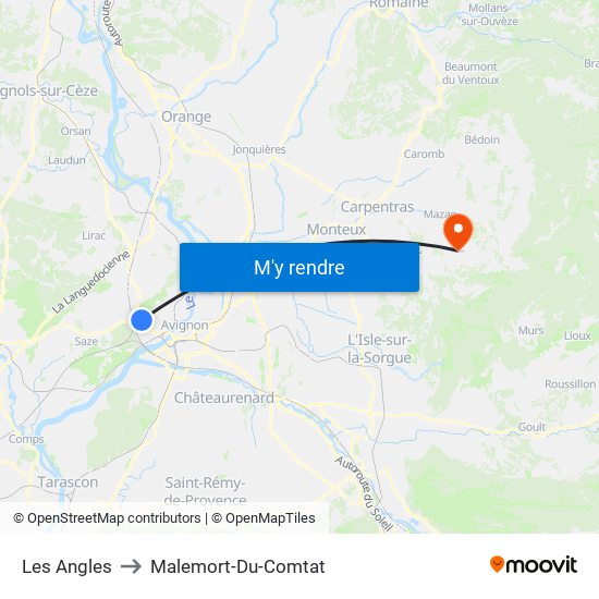 Les Angles to Malemort-Du-Comtat map