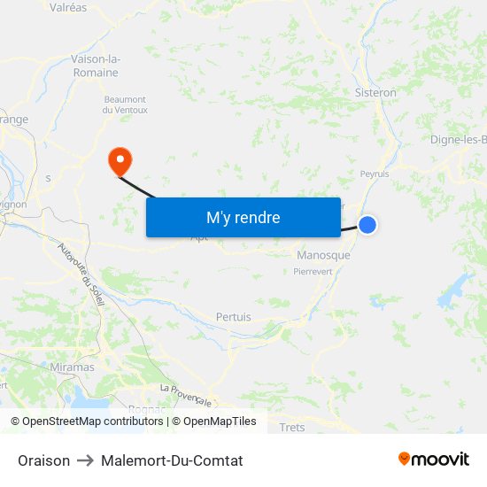 Oraison to Malemort-Du-Comtat map