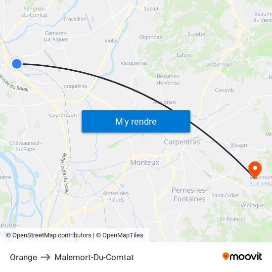 Orange to Malemort-Du-Comtat map