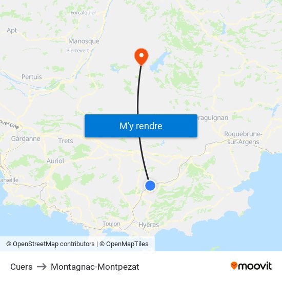 Cuers to Montagnac-Montpezat map